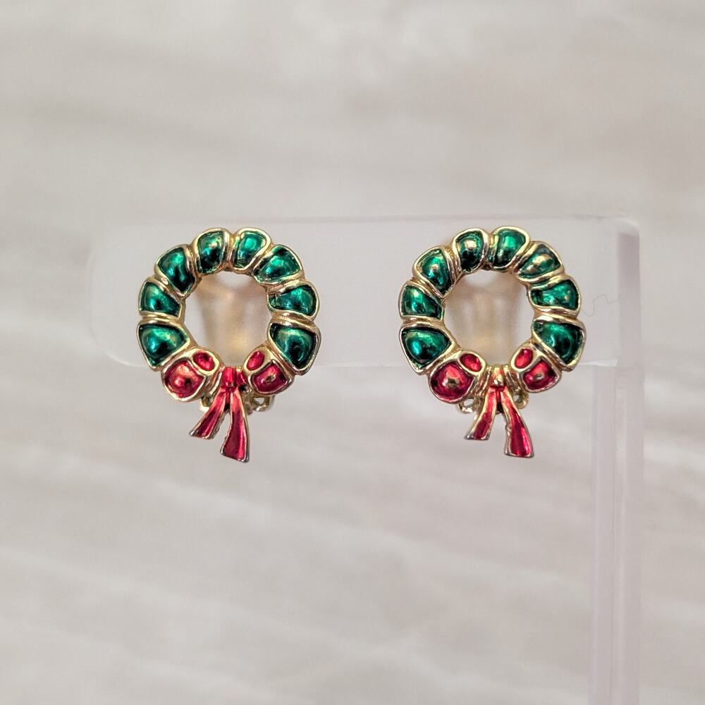 Vintage Clip On Earrings Christmas Wreath Earrings - Some Wear